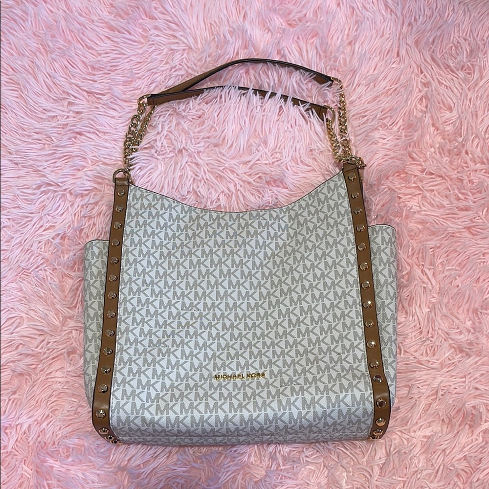 Michael Kors White and Tan Shoulder Bag with Logo Pattern